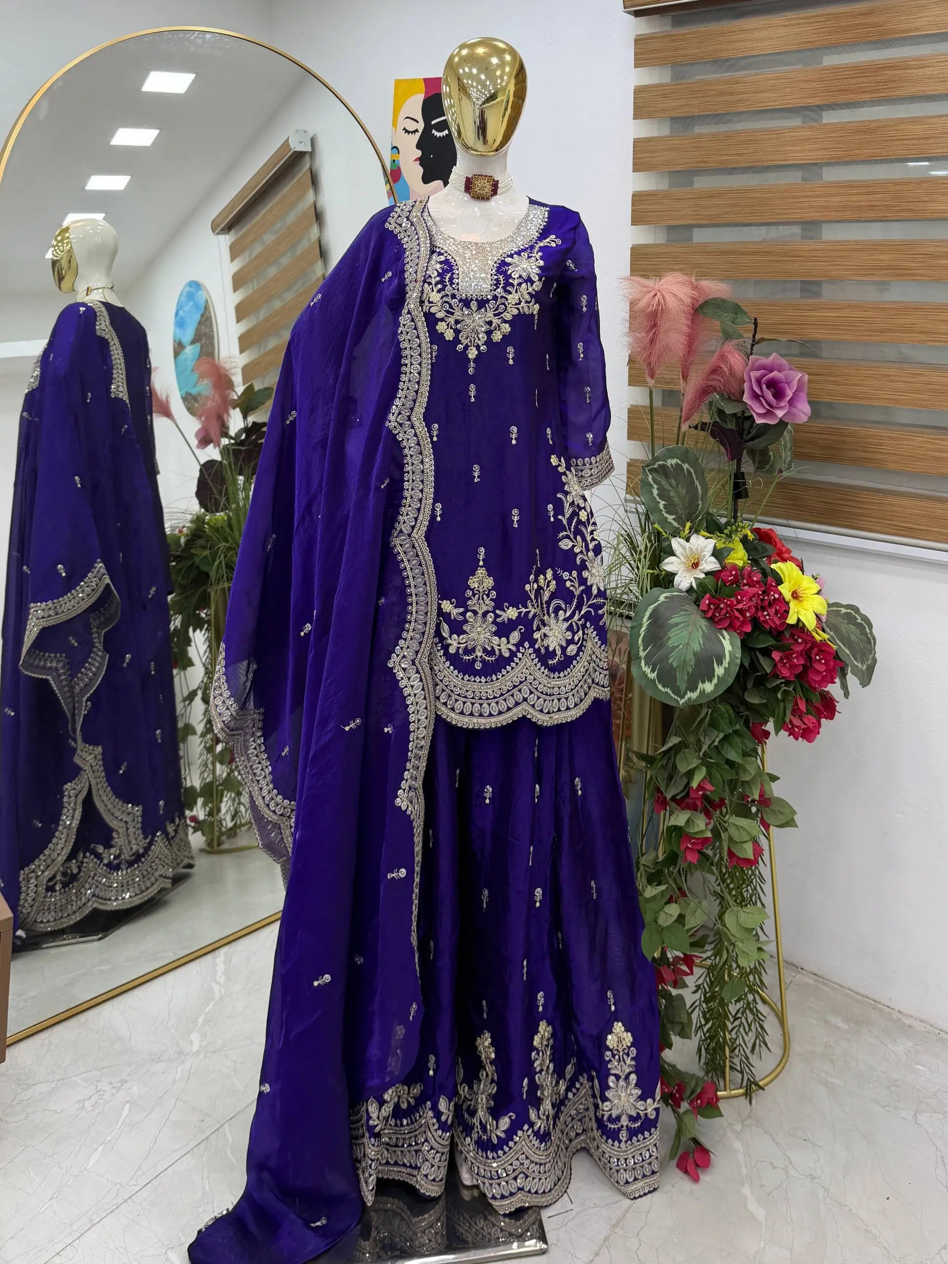 Purple Shimmer Satin Sharara Set with Dupatta