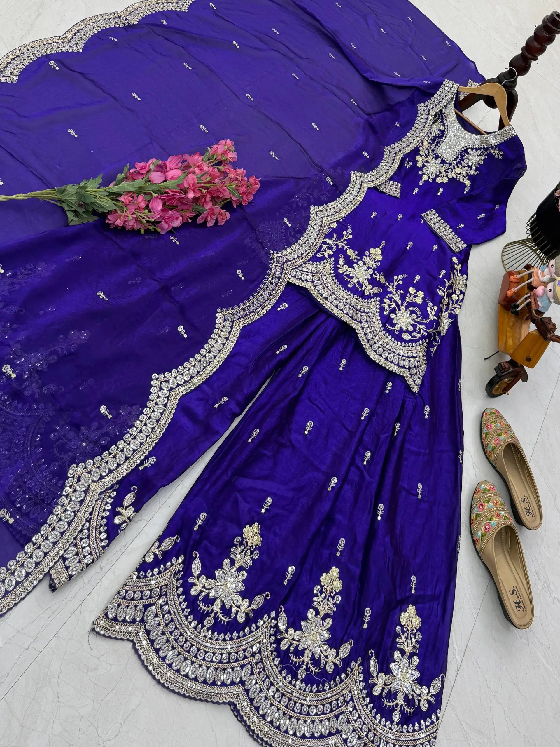 Purple Shimmer Satin Sharara Set with Dupatta