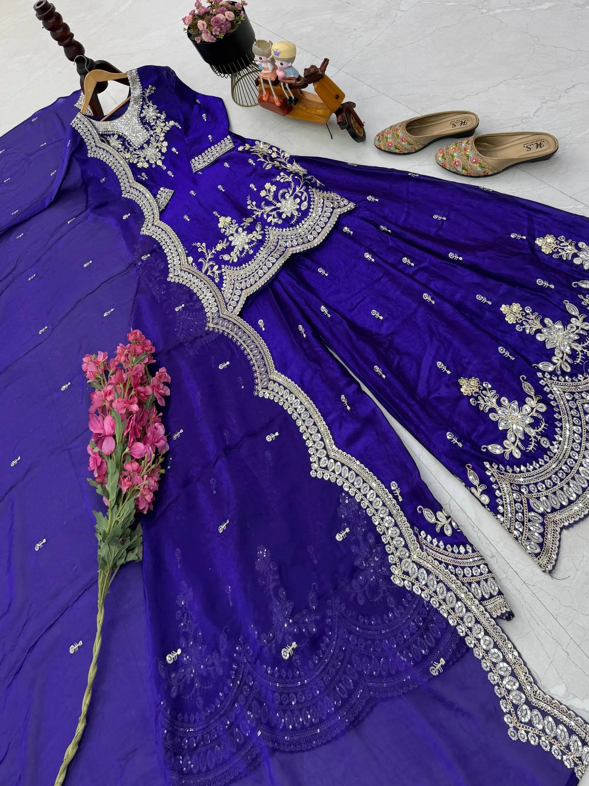 Purple Shimmer Satin Sharara Set with Dupatta
