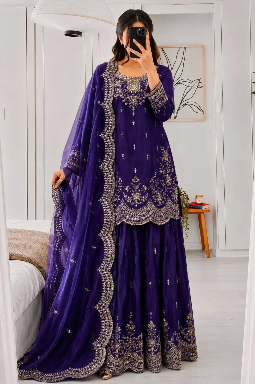 Purple Shimmer Satin Sharara Set with Dupatta