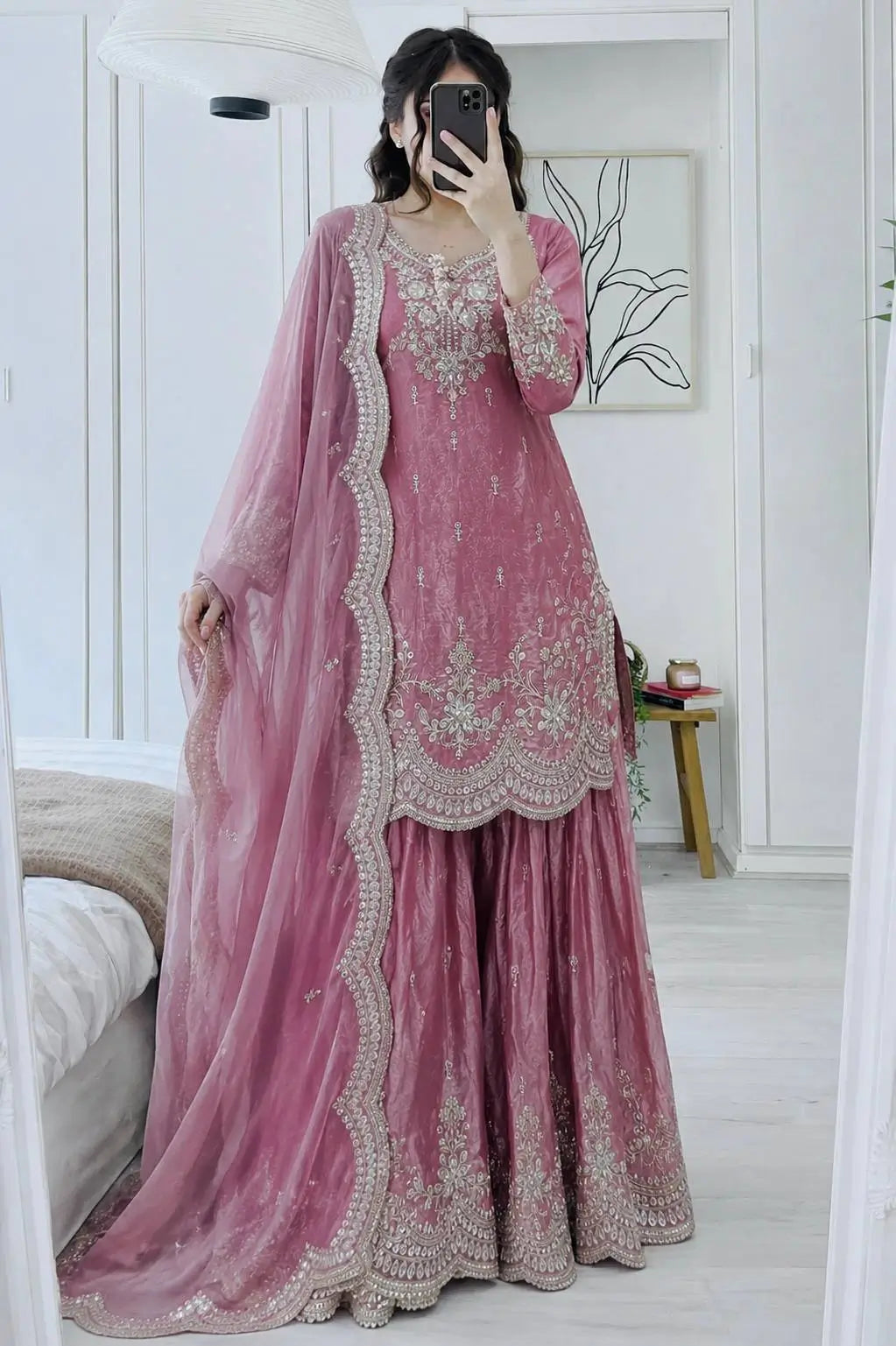 Purple Shimmer Satin Sharara Set with Dupatta