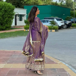 Purple Twil Gold Net Embroidered Palazzo Set with Sequins & Dupatta