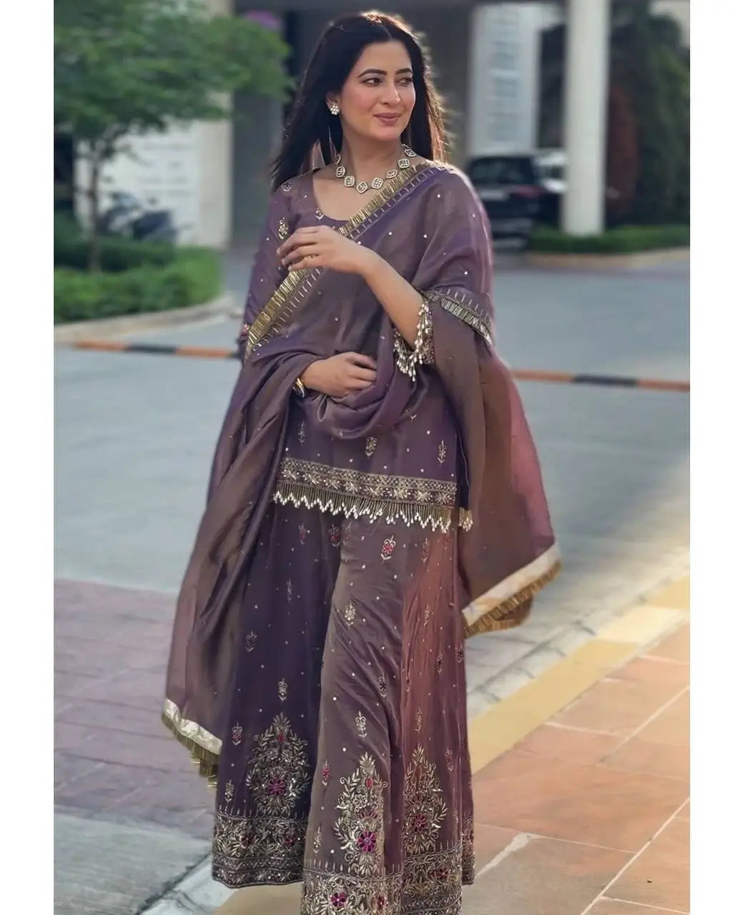 Purple Twil Gold Net Embroidered Palazzo Set with Sequins & Dupatta
