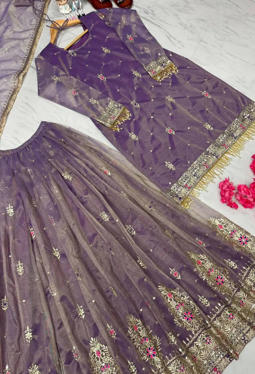 Purple Twil Gold Net Embroidered Palazzo Set with Sequins & Dupatta