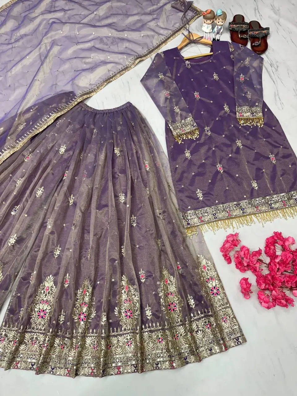 Purple Twil Gold Net Embroidered Palazzo Set with Sequins & Dupatta