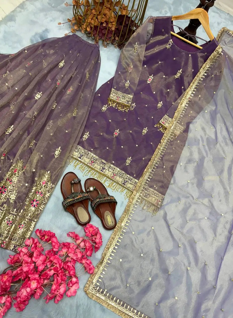 Purple Twil Gold Net Embroidered Palazzo Set with Sequins & Dupatta