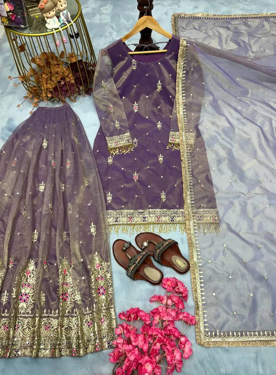 Purple Twil Gold Net Embroidered Palazzo Set with Sequins & Dupatta
