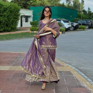 Purple Twil Gold Net Embroidered Palazzo Set with Sequins & Dupatta