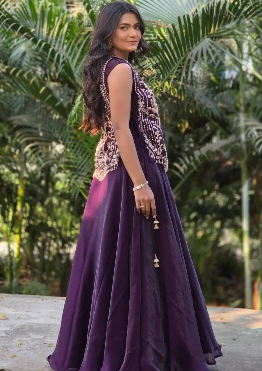 Purple Vichitra Silk Festival Lehenga Choli Set with Embroidered Shrug