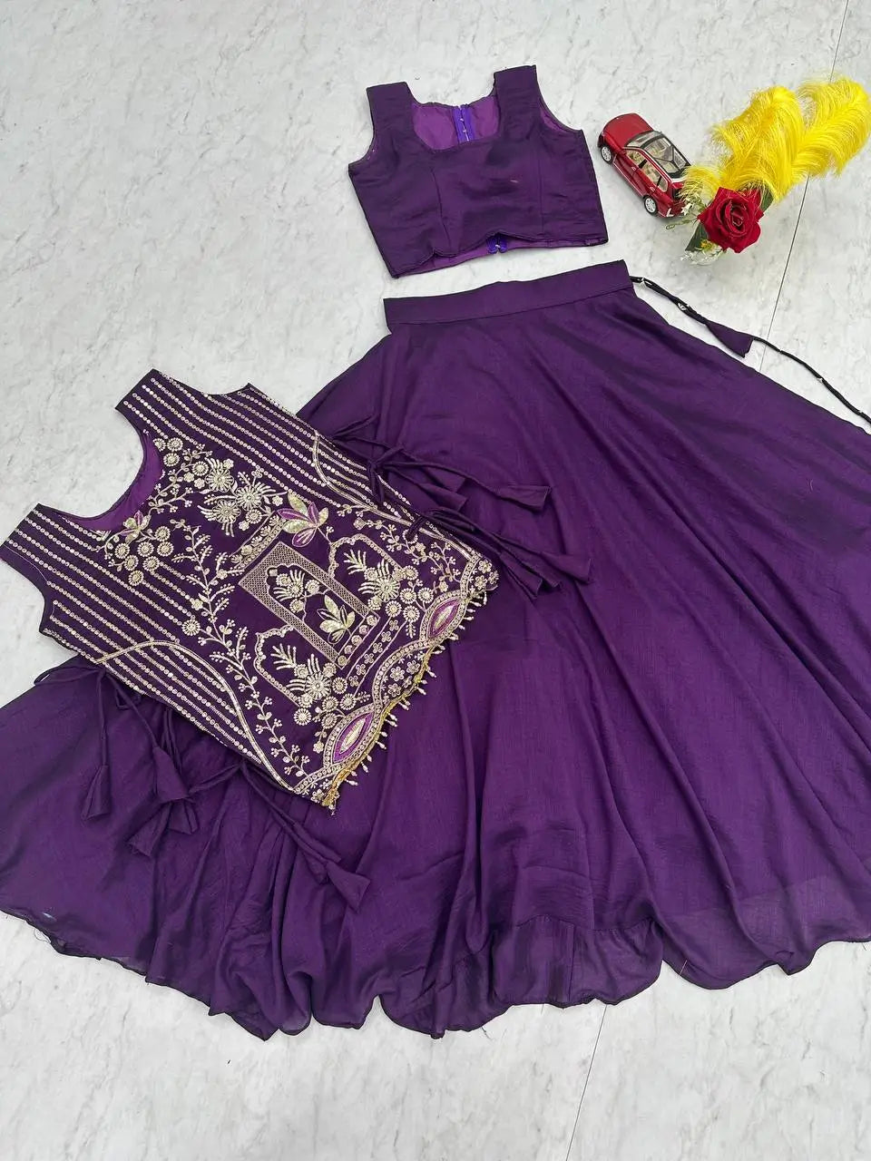 Purple Vichitra Silk Festival Lehenga Choli Set with Embroidered Shrug