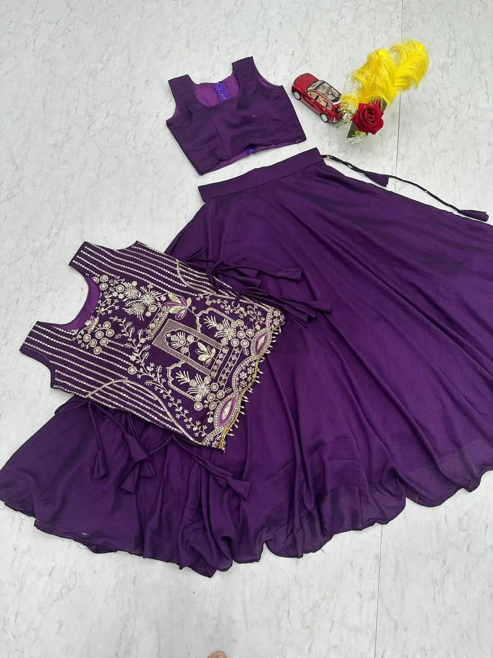 Purple Vichitra Silk Festival Lehenga Choli Set with Embroidered Shrug