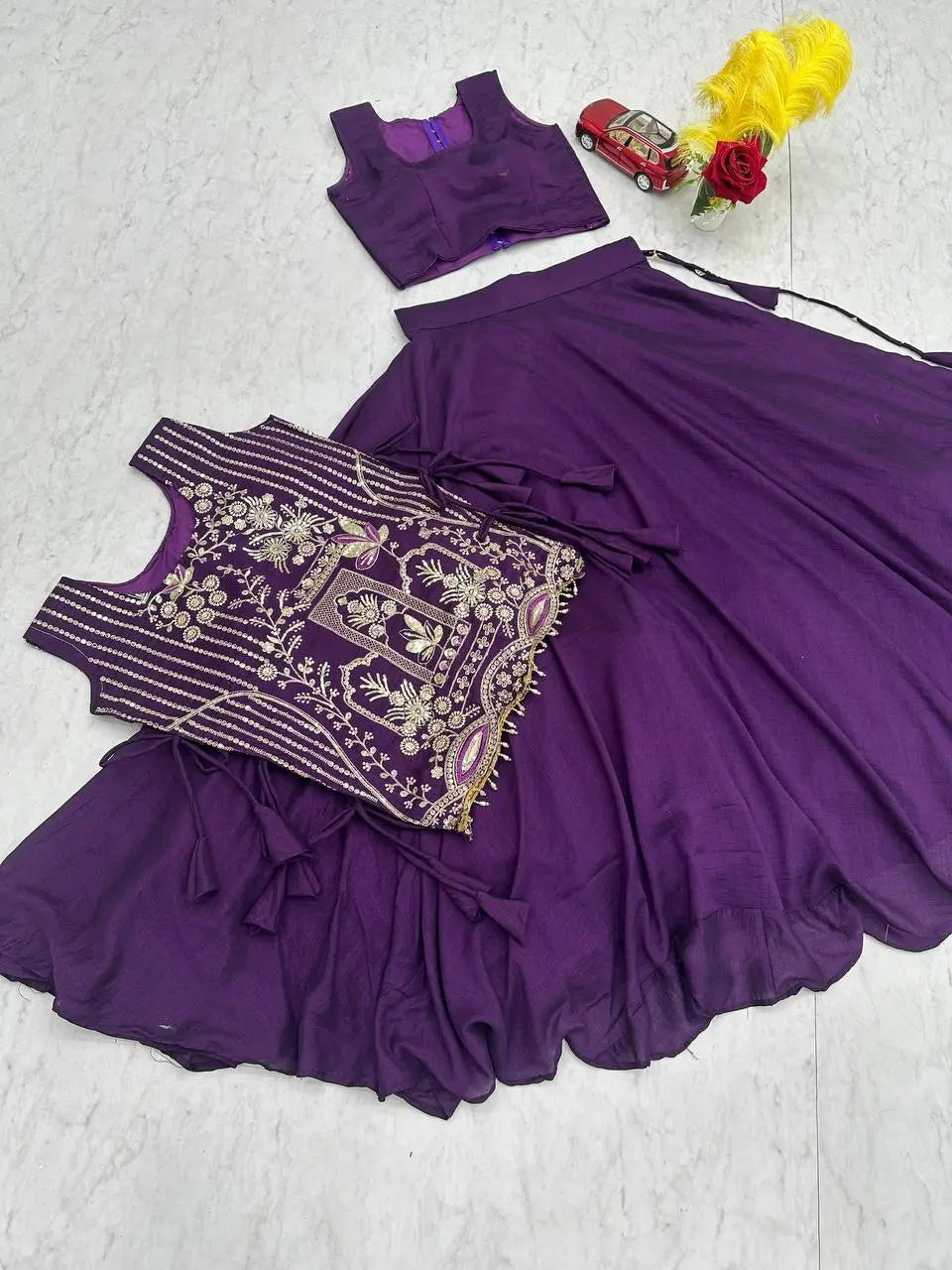 Purple Vichitra Silk Festival Lehenga Choli Set with Embroidered Shrug