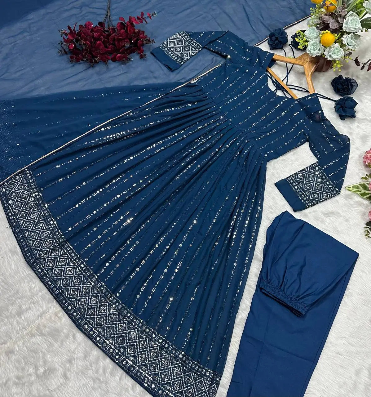 Rama Blue Embroidered Blooming Anarkali Gown Set with Dupatta