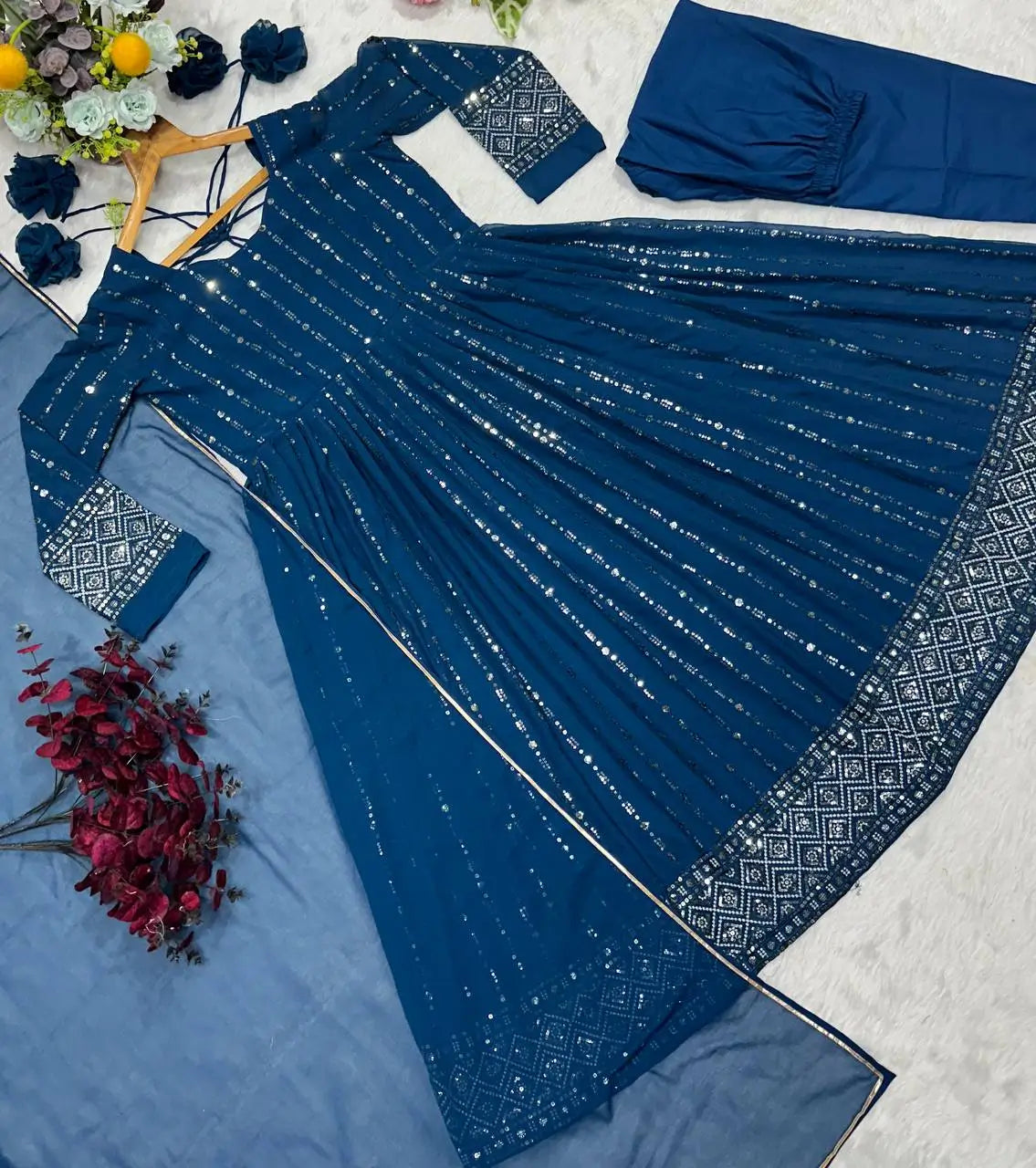 Rama Blue Embroidered Blooming Anarkali Gown Set with Dupatta