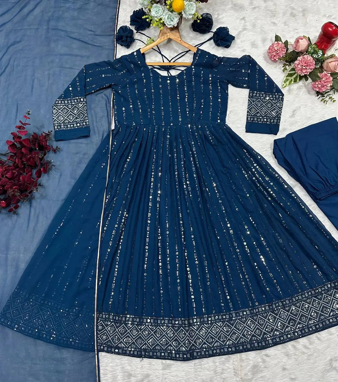 Rama Blue Embroidered Blooming Anarkali Gown Set with Dupatta