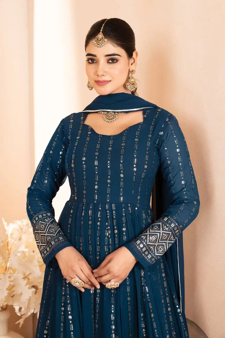 Rama Blue Embroidered Blooming Anarkali Gown Set with Dupatta