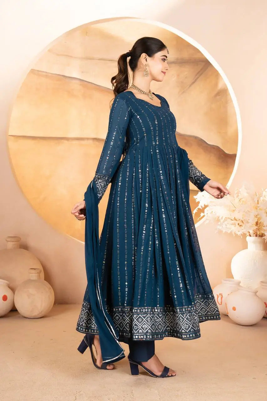 Rama Blue Embroidered Blooming Anarkali Gown Set with Dupatta