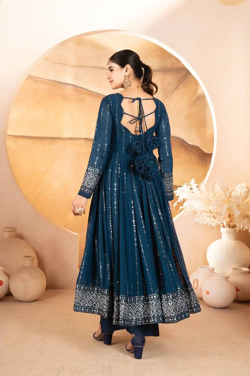 Rama Blue Embroidered Blooming Anarkali Gown Set with Dupatta