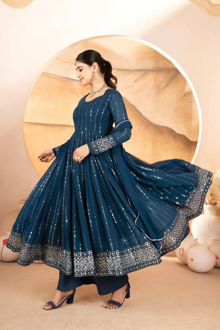 Rama Blue Embroidered Blooming Anarkali Gown Set with Dupatta
