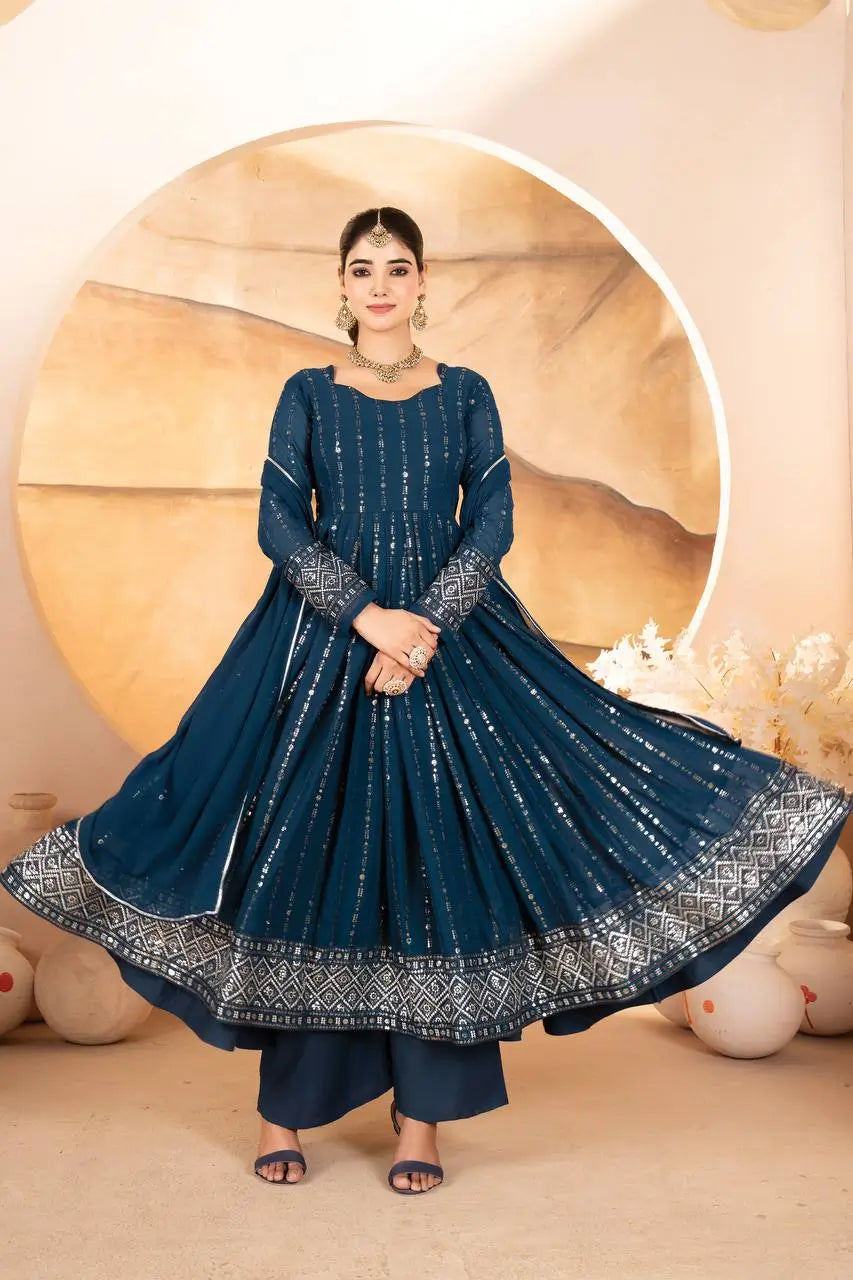 Rama Blue Embroidered Blooming Anarkali Gown Set with Dupatta