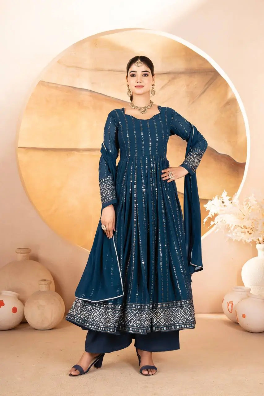 Rama Blue Embroidered Blooming Anarkali Gown Set with Dupatta