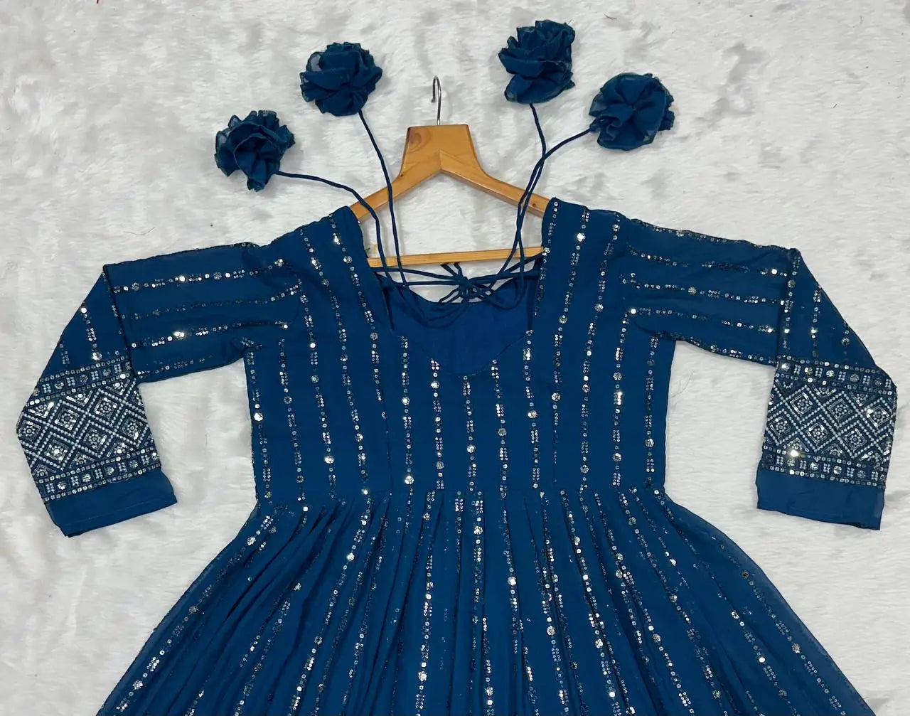 Rama Blue Embroidered Blooming Anarkali Gown Set with Dupatta