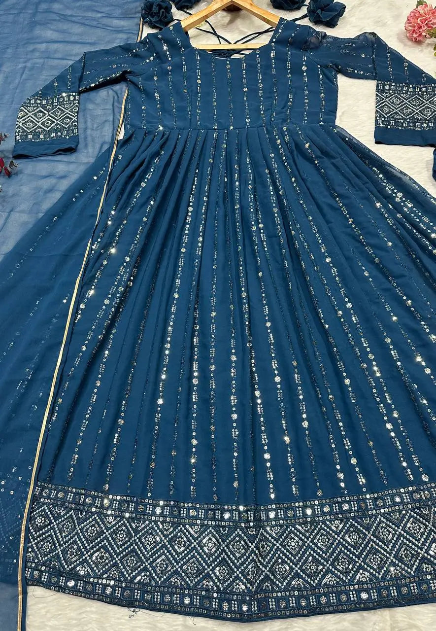 Rama Blue Embroidered Blooming Anarkali Gown Set with Dupatta