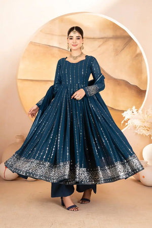Rama Blue Embroidered Blooming Anarkali Gown Set with Dupatta