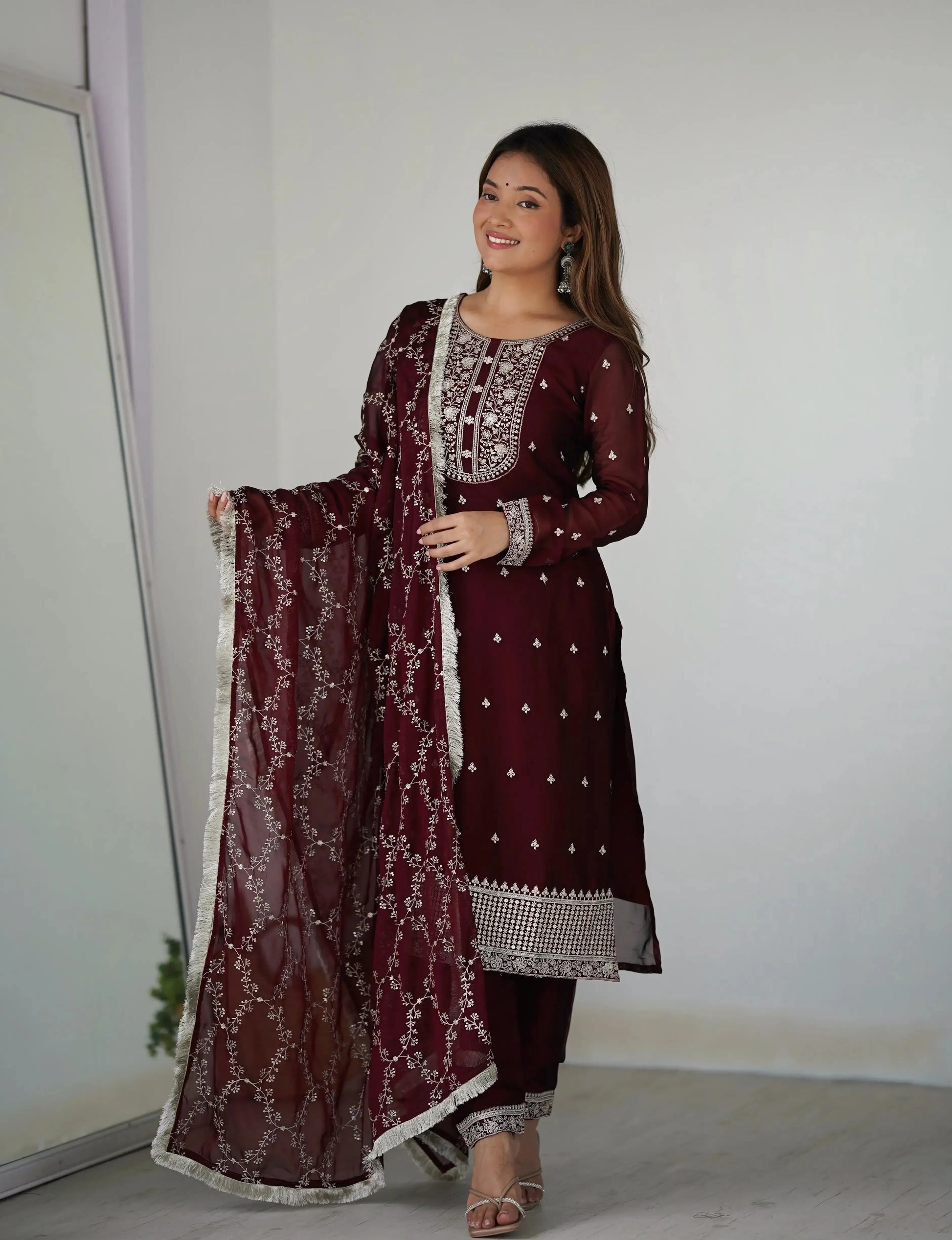Rangoli Silk Embroidered Kurta Set with Dupatta & Pant – Sequins & Thread Work