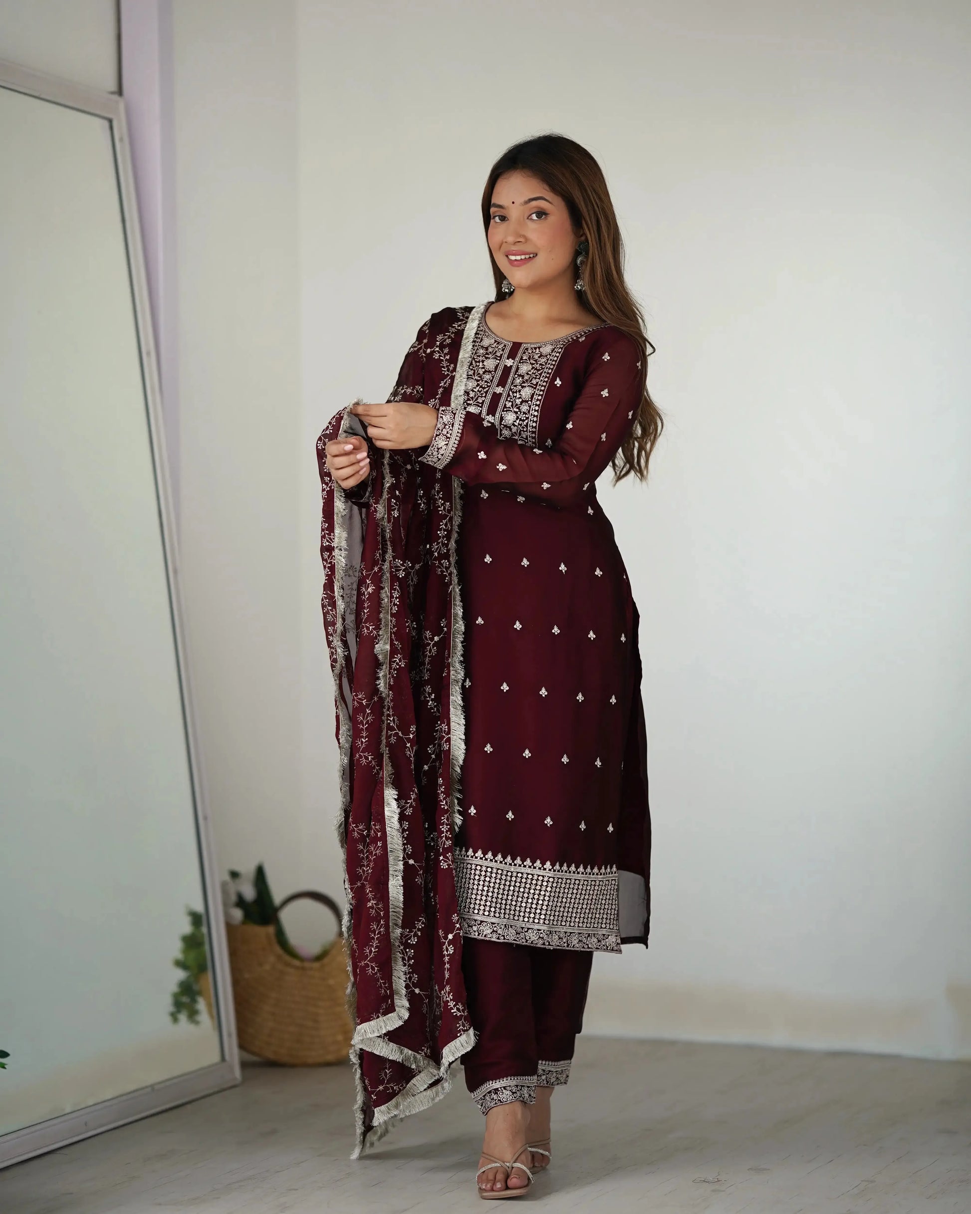Rangoli Silk Embroidered Kurta Set with Dupatta & Pant – Sequins & Thread Work