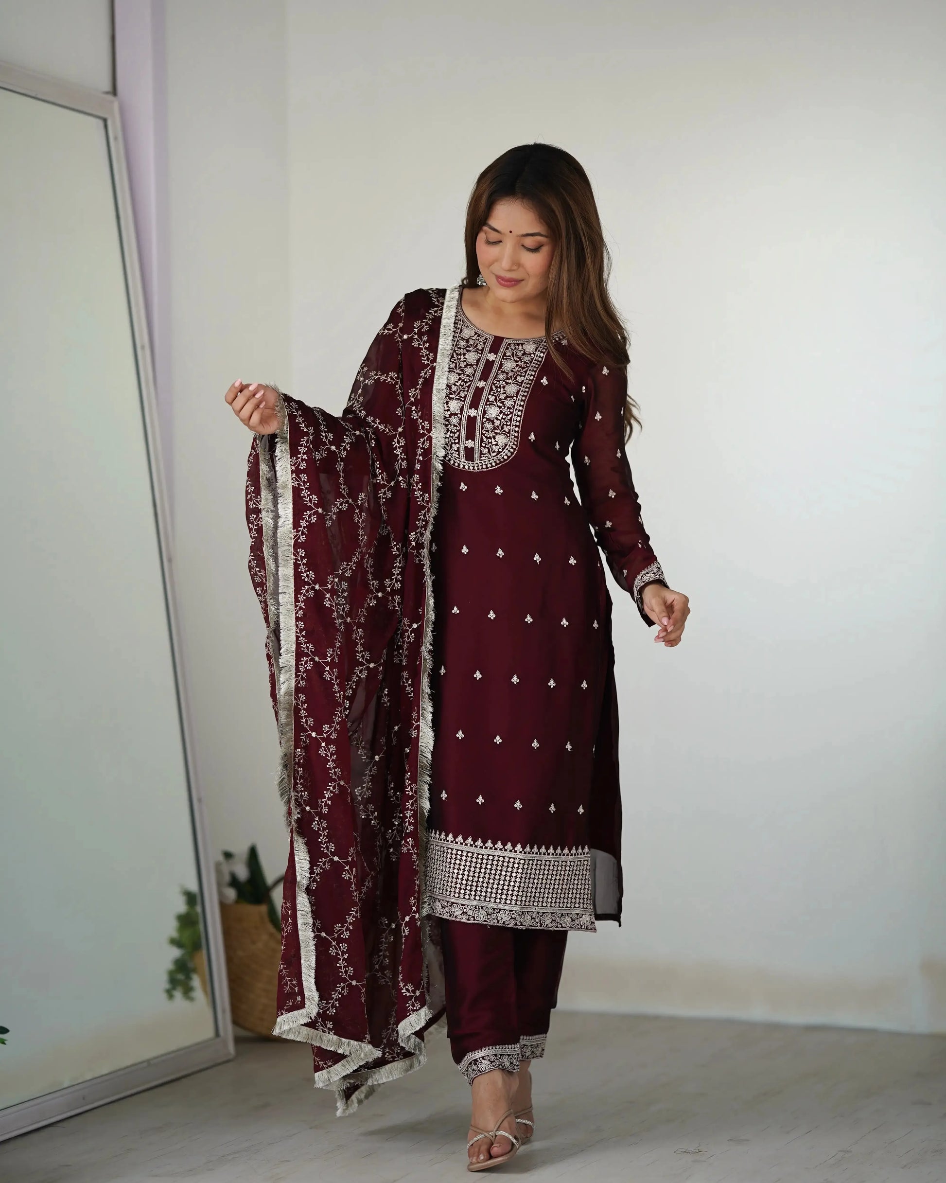 Rangoli Silk Embroidered Kurta Set with Dupatta & Pant – Sequins & Thread Work