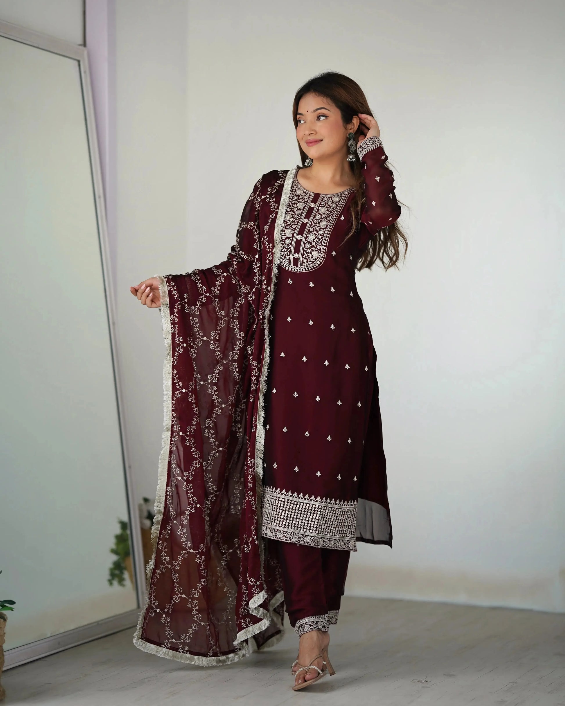 Rangoli Silk Embroidered Kurta Set with Dupatta & Pant – Sequins & Thread Work