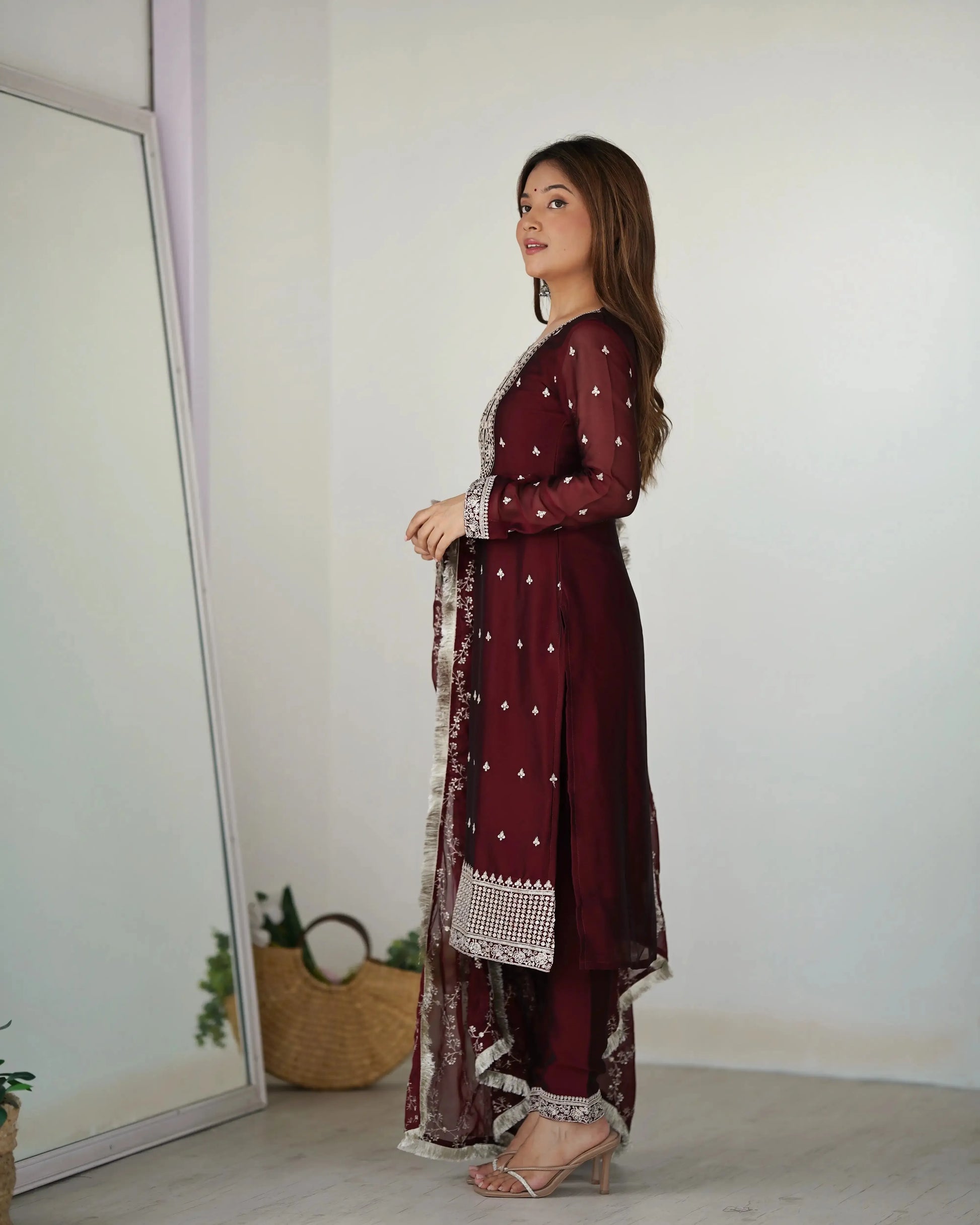 Rangoli Silk Embroidered Kurta Set with Dupatta & Pant – Sequins & Thread Work
