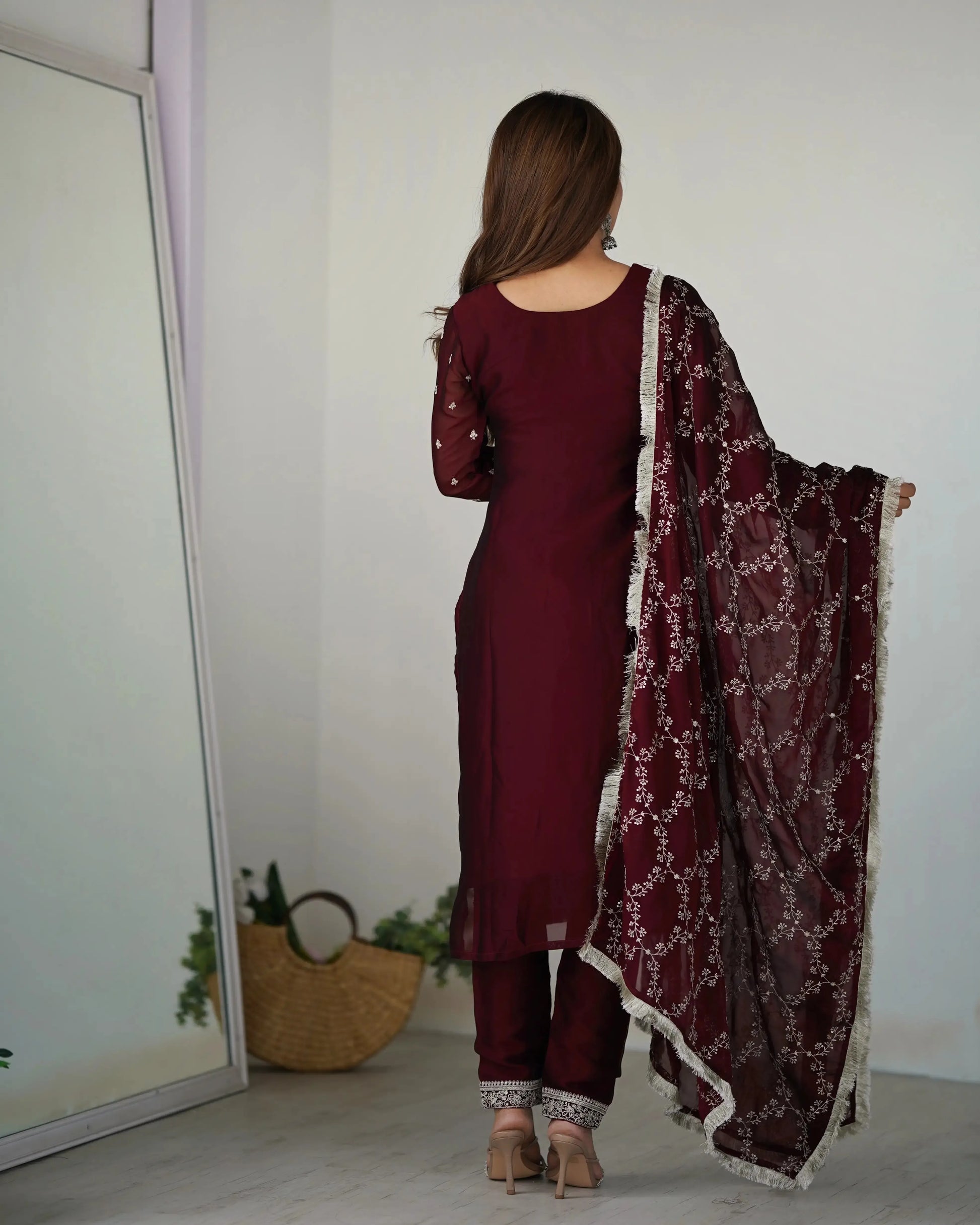 Rangoli Silk Embroidered Kurta Set with Dupatta & Pant – Sequins & Thread Work
