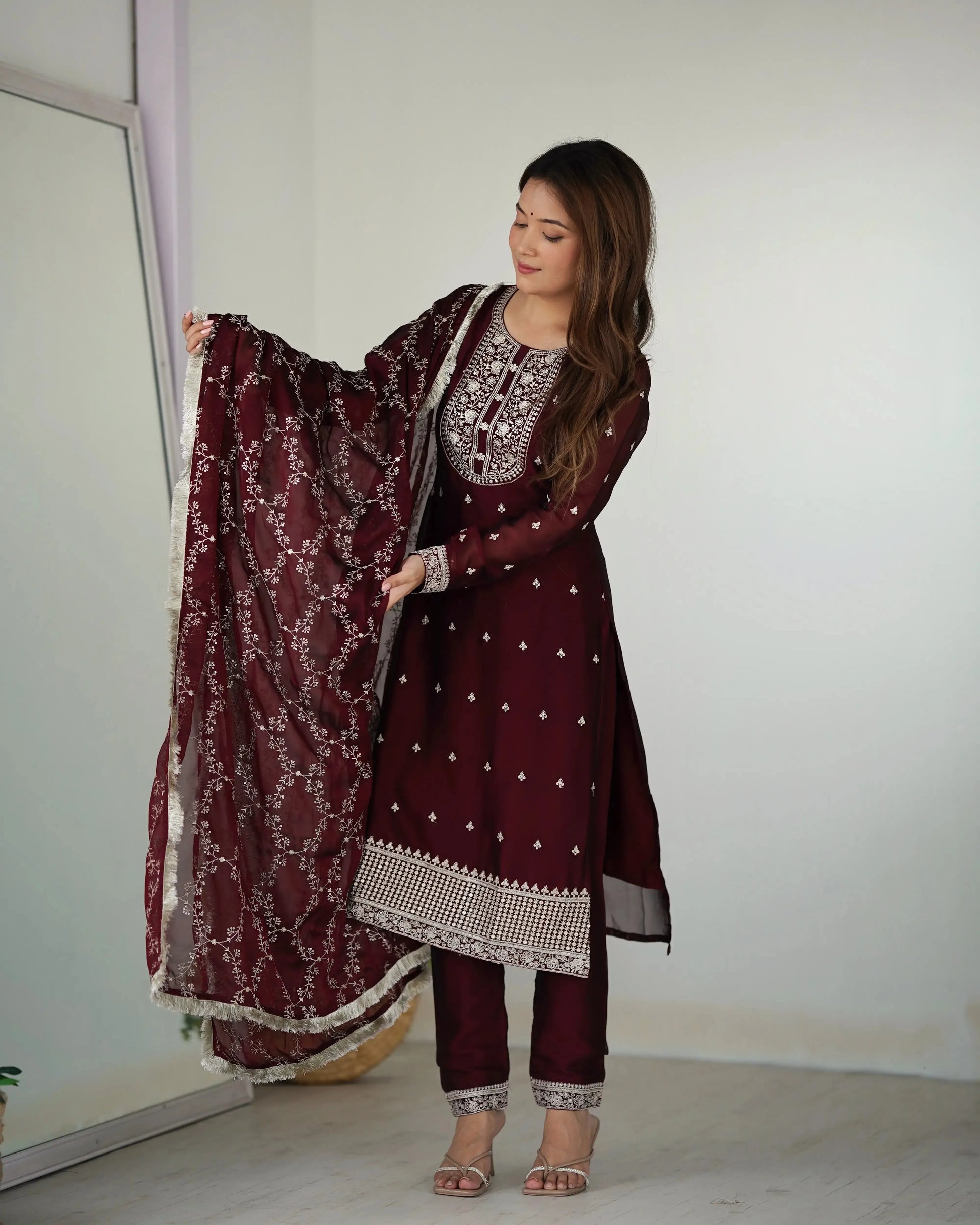 Rangoli Silk Embroidered Kurta Set with Dupatta & Pant – Sequins & Thread Work