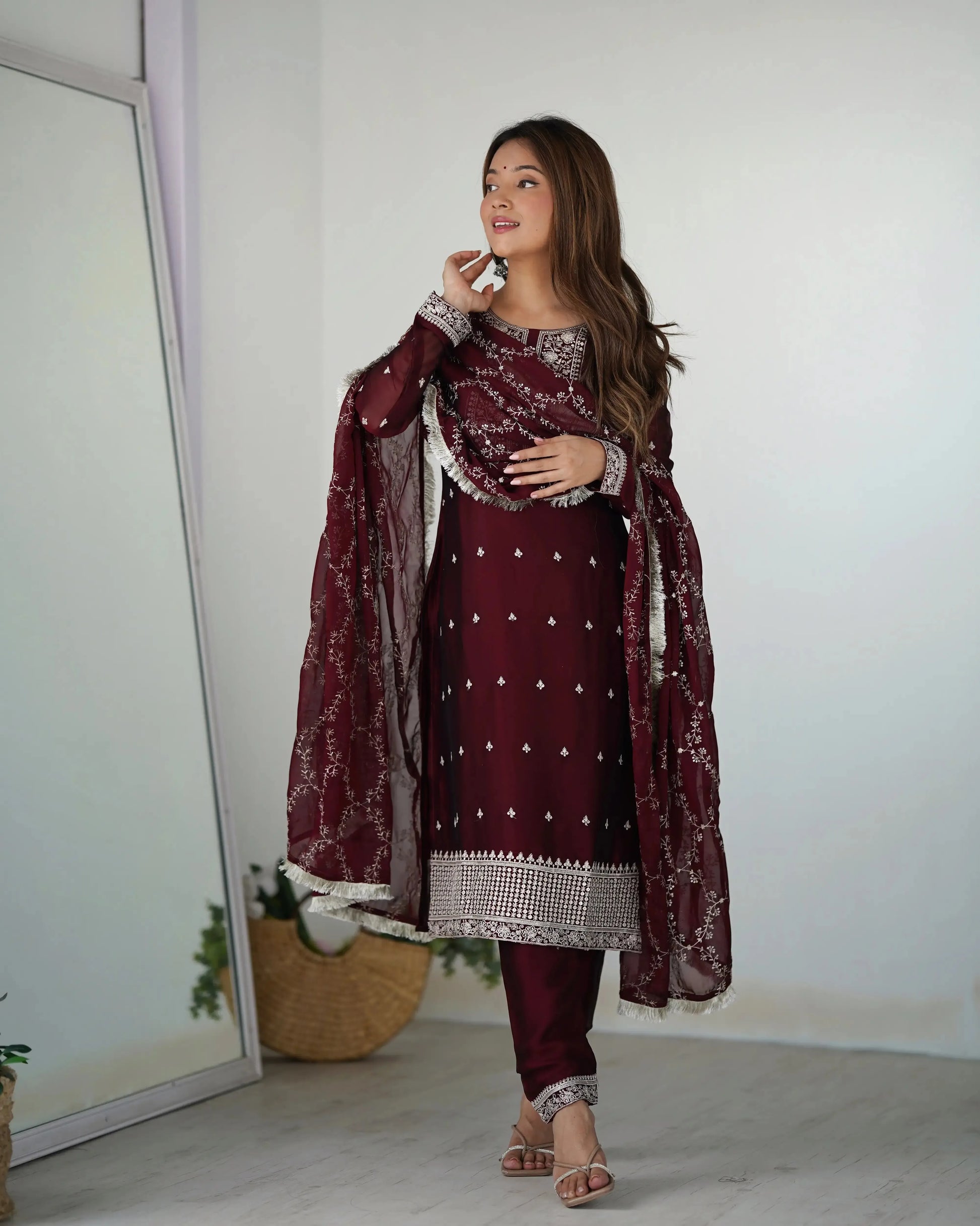 Rangoli Silk Embroidered Kurta Set with Dupatta & Pant – Sequins & Thread Work