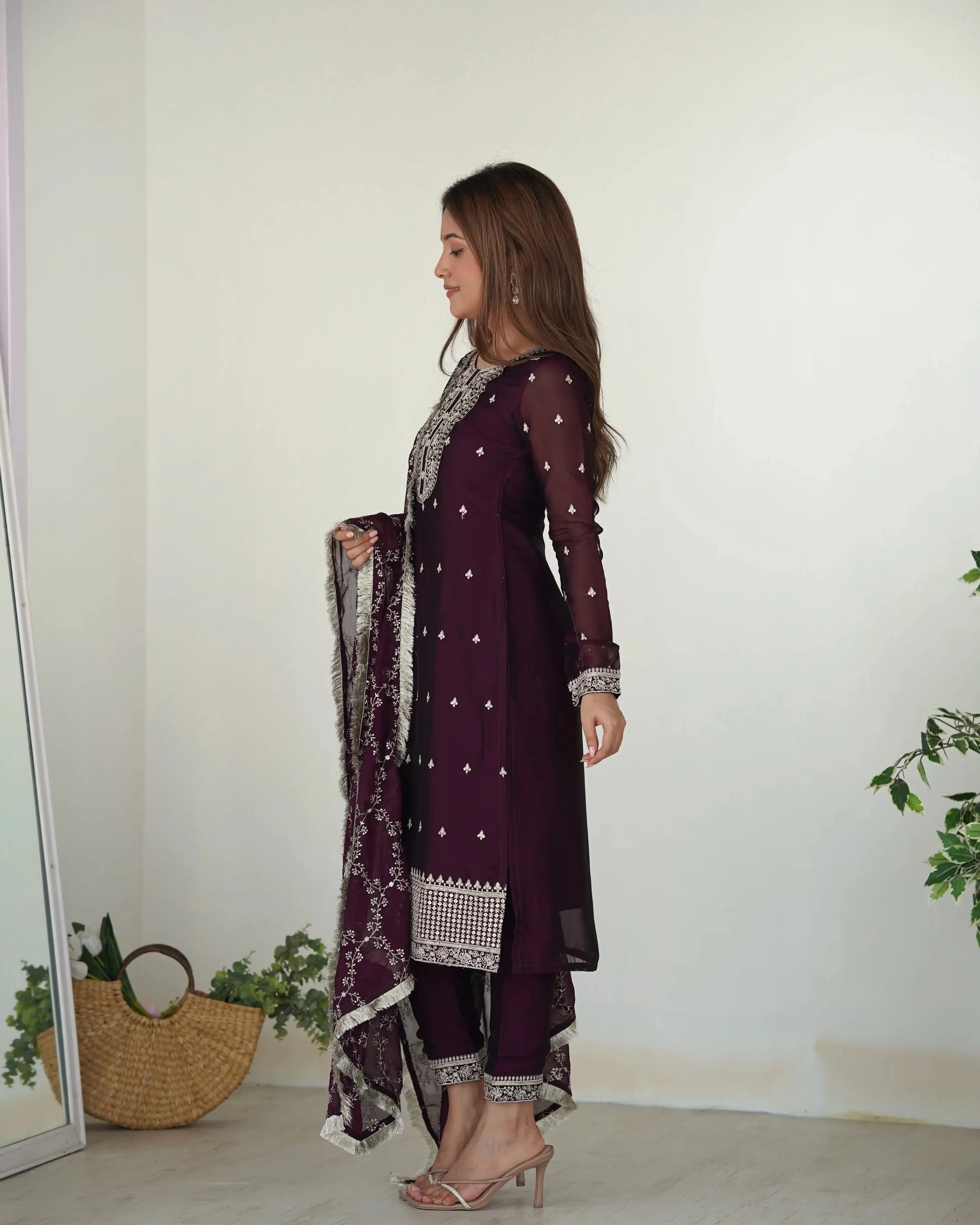 Rangoli Silk Embroidered Kurta Set with Dupatta & Pant – Sequins & Thread Work