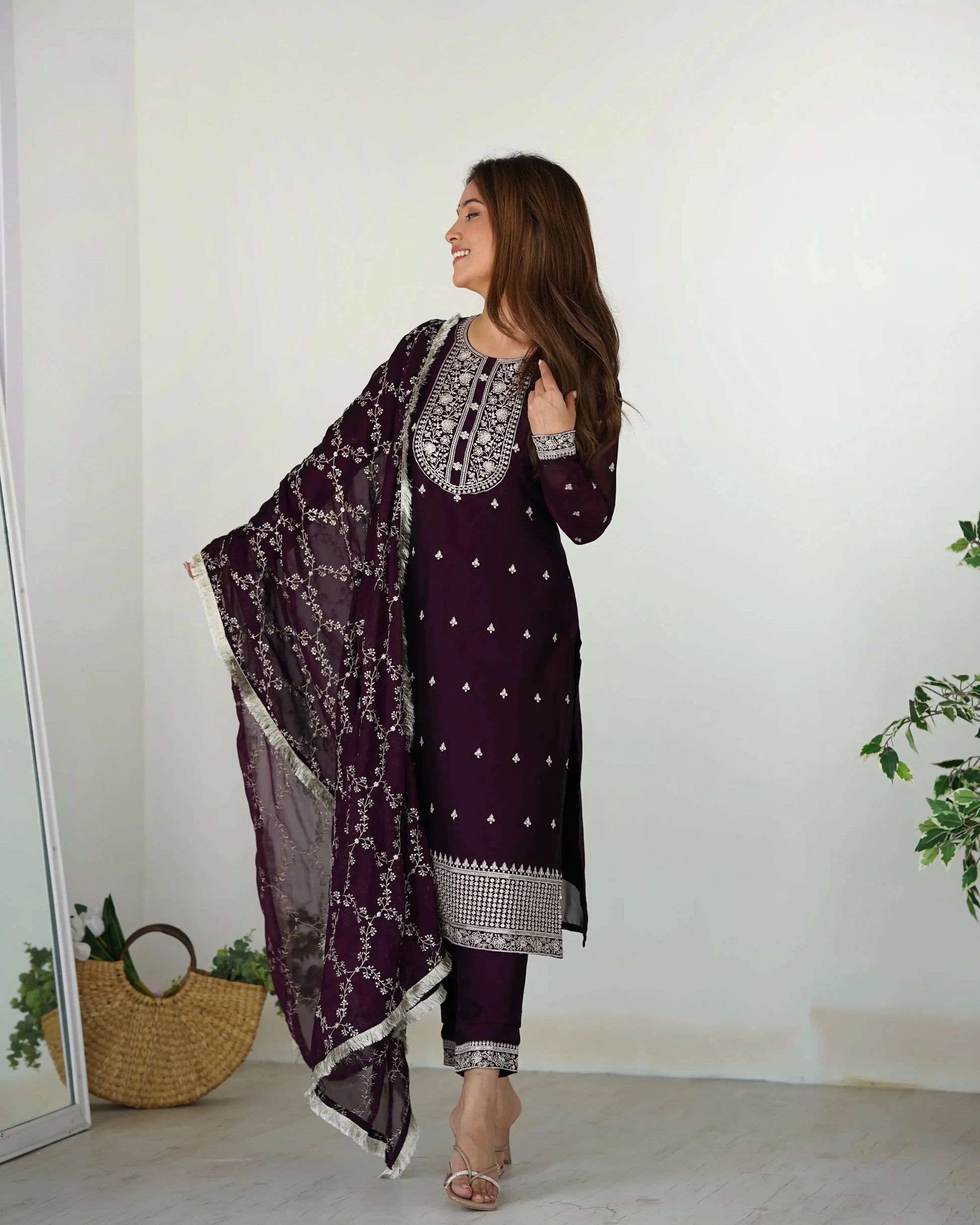 Rangoli Silk Embroidered Kurta Set with Dupatta & Pant – Sequins & Thread Work