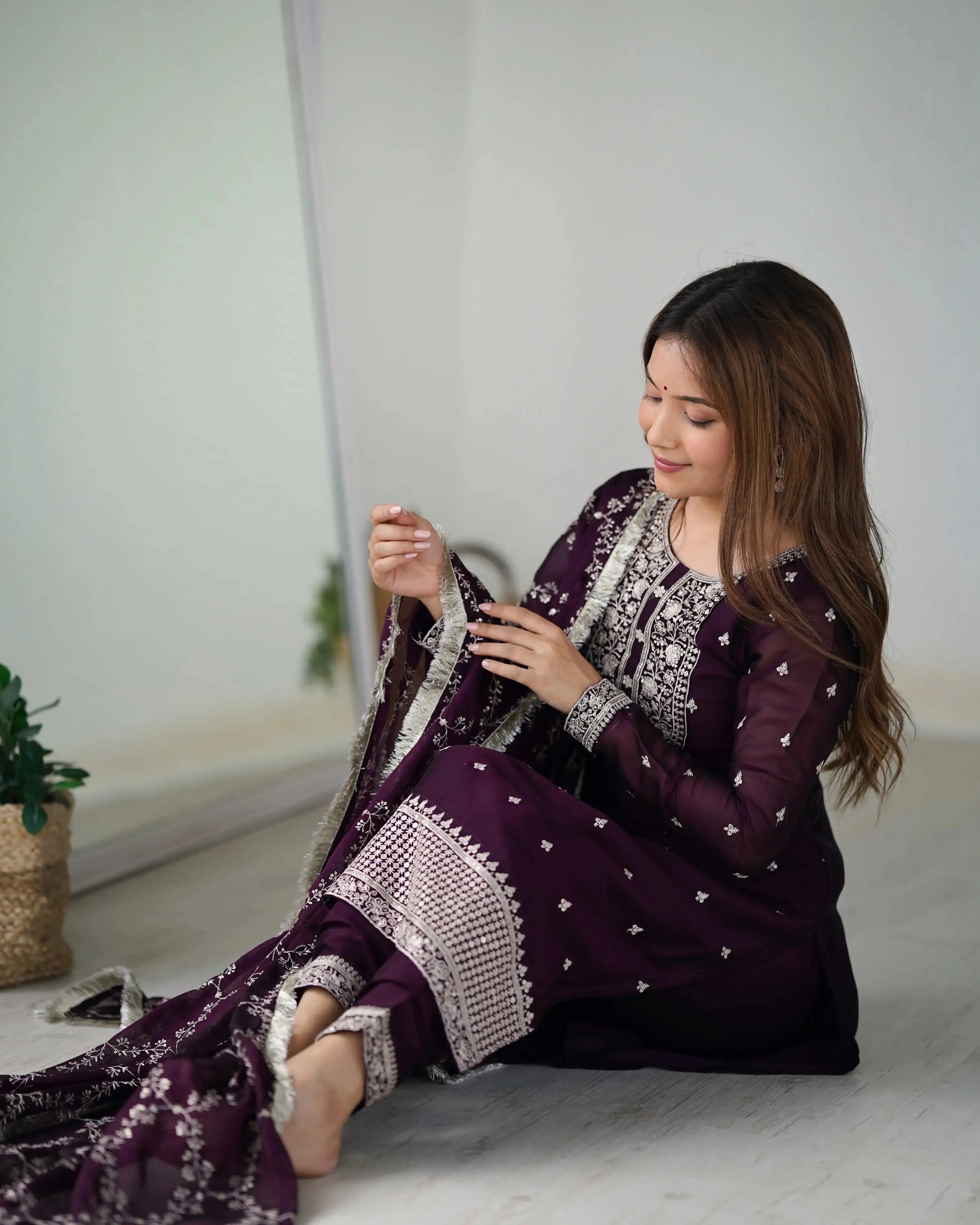 Rangoli Silk Embroidered Kurta Set with Dupatta & Pant – Sequins & Thread Work