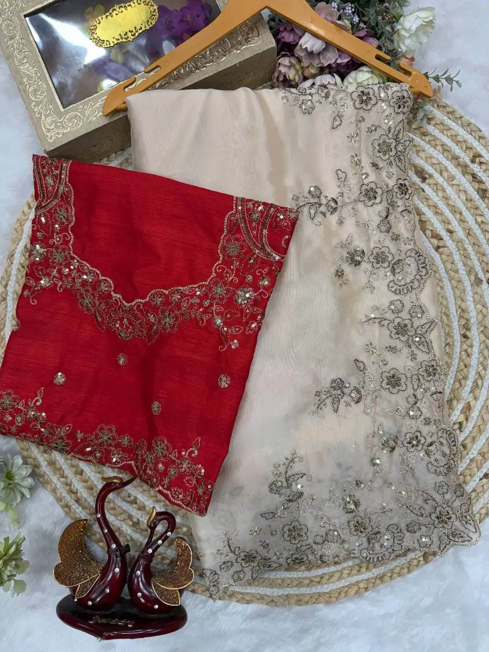 Rangoli Silk Saree with Red Embroidered Blouse