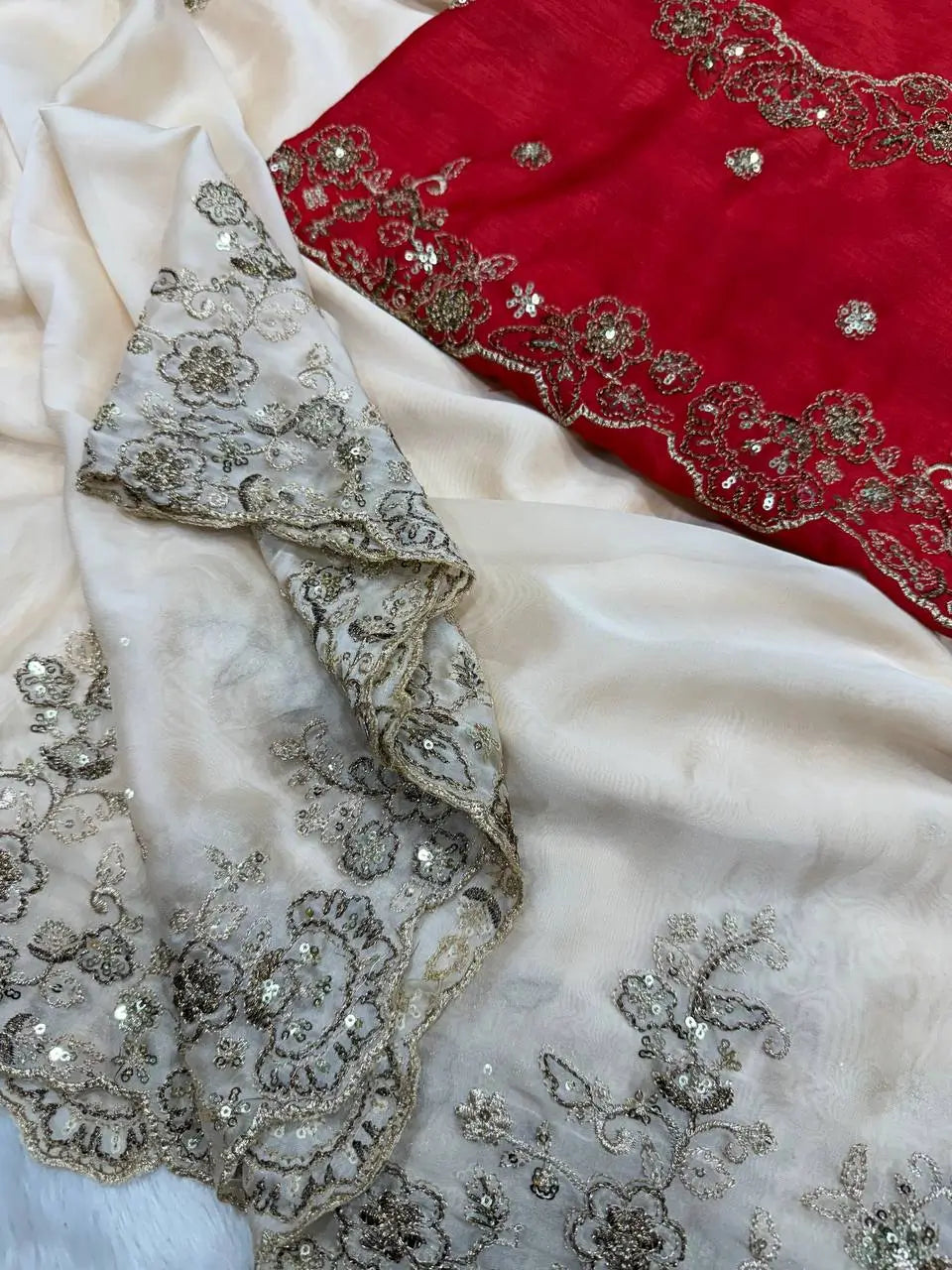 Rangoli Silk Saree with Red Embroidered Blouse