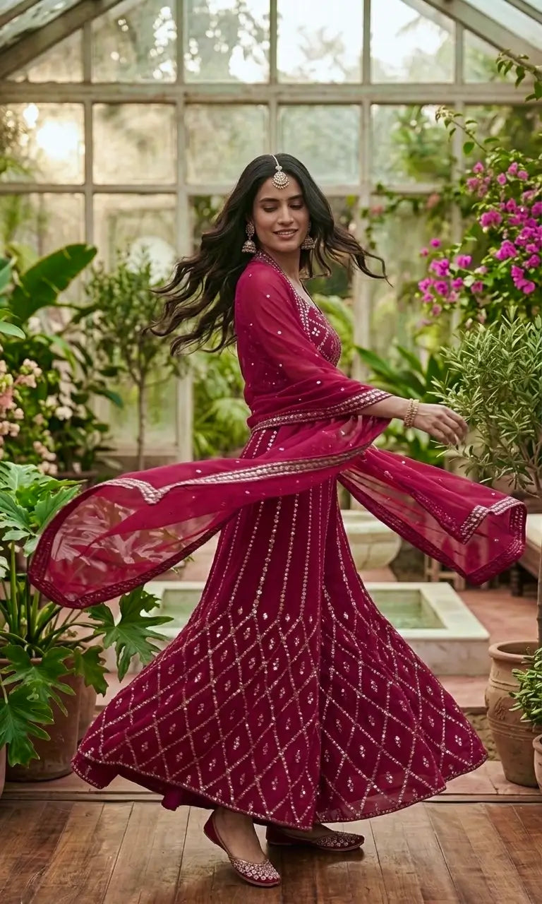 Rani Pink Georgette Palazzo Set with Foil Mirror Thread Work & Long Koti Jacket