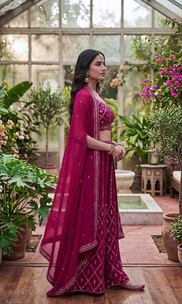 Rani Pink Georgette Palazzo Set with Foil Mirror Thread Work & Long Koti Jacket