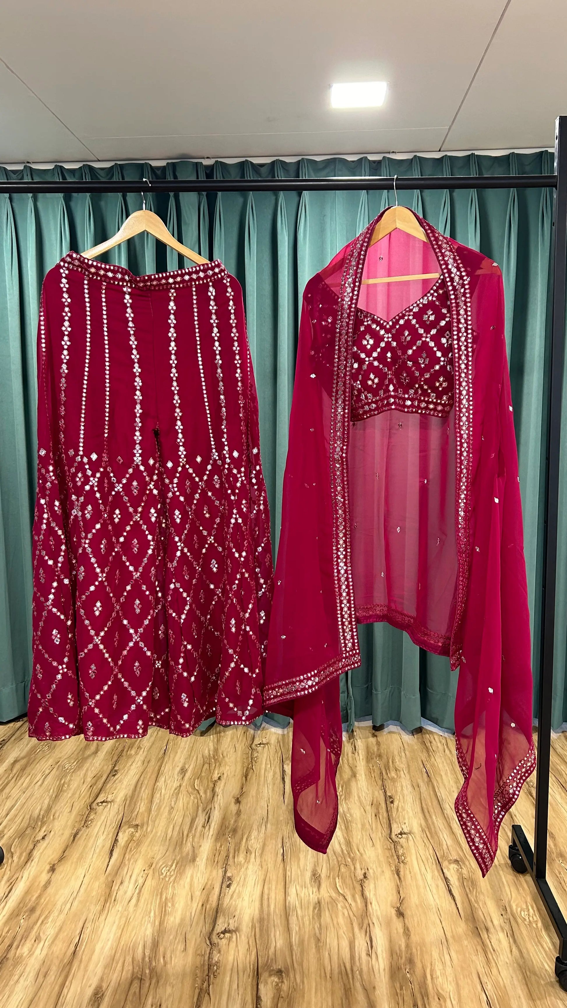 Rani Pink Georgette Palazzo Set with Foil Mirror Thread Work & Long Koti Jacket