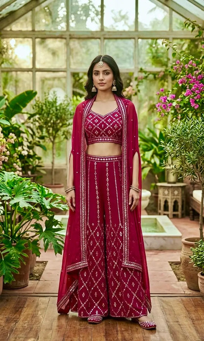 Rani Pink Georgette Palazzo Set with Foil Mirror Thread Work & Long Koti Jacket