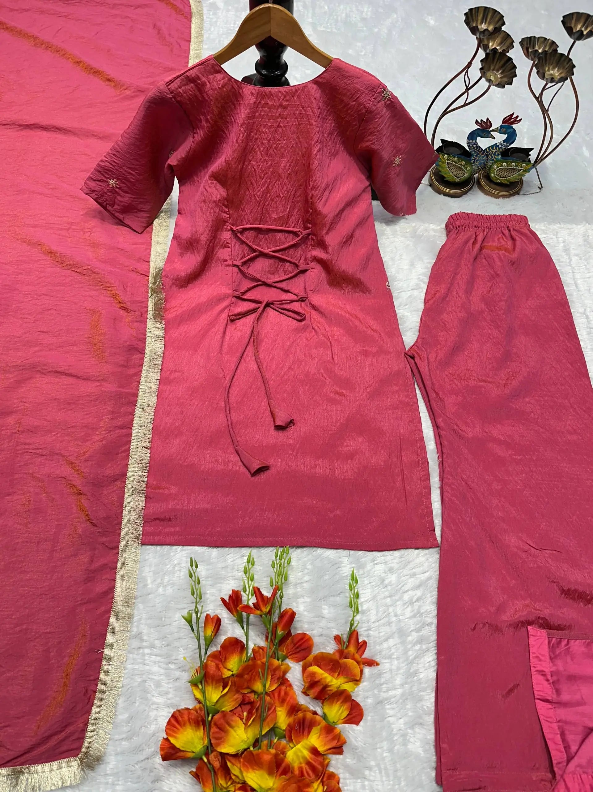 Rani Pink Heavy NC Silk Embroidered Party Wear Suit Set with Dupatta