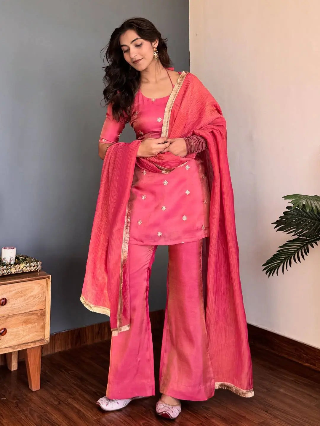 Rani Pink Heavy NC Silk Embroidered Party Wear Suit Set with Dupatta