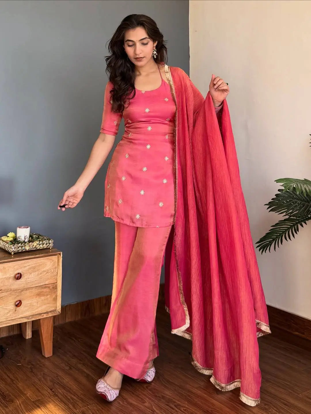 Rani Pink Heavy NC Silk Embroidered Party Wear Suit Set with Dupatta