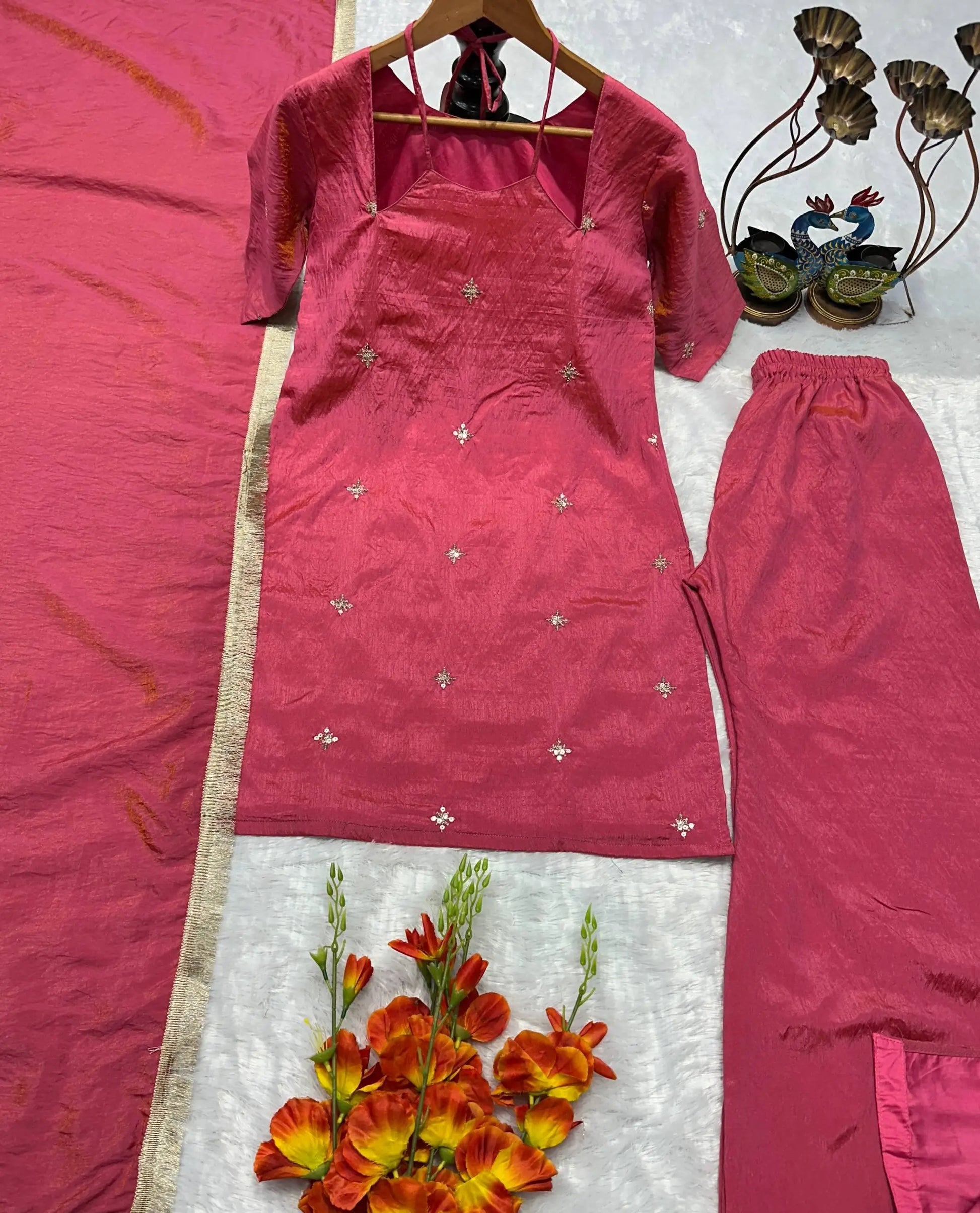 Rani Pink Heavy NC Silk Embroidered Party Wear Suit Set with Dupatta
