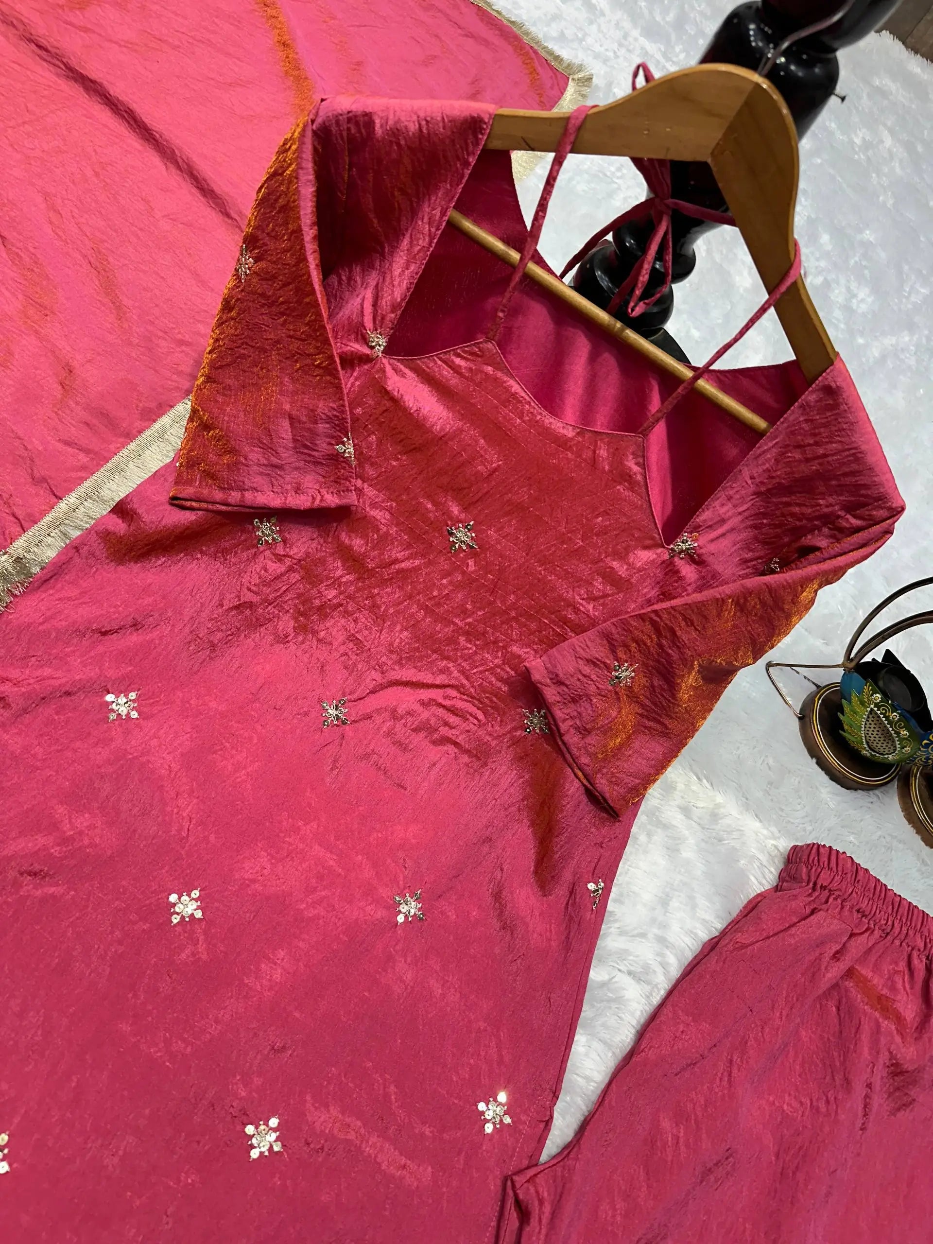 Rani Pink Heavy NC Silk Embroidered Party Wear Suit Set with Dupatta